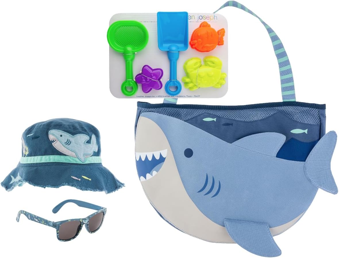 Stephen Joseph Shark Beach Tote Bag with Shark Bucket Hat and Sunglasses for Kids
