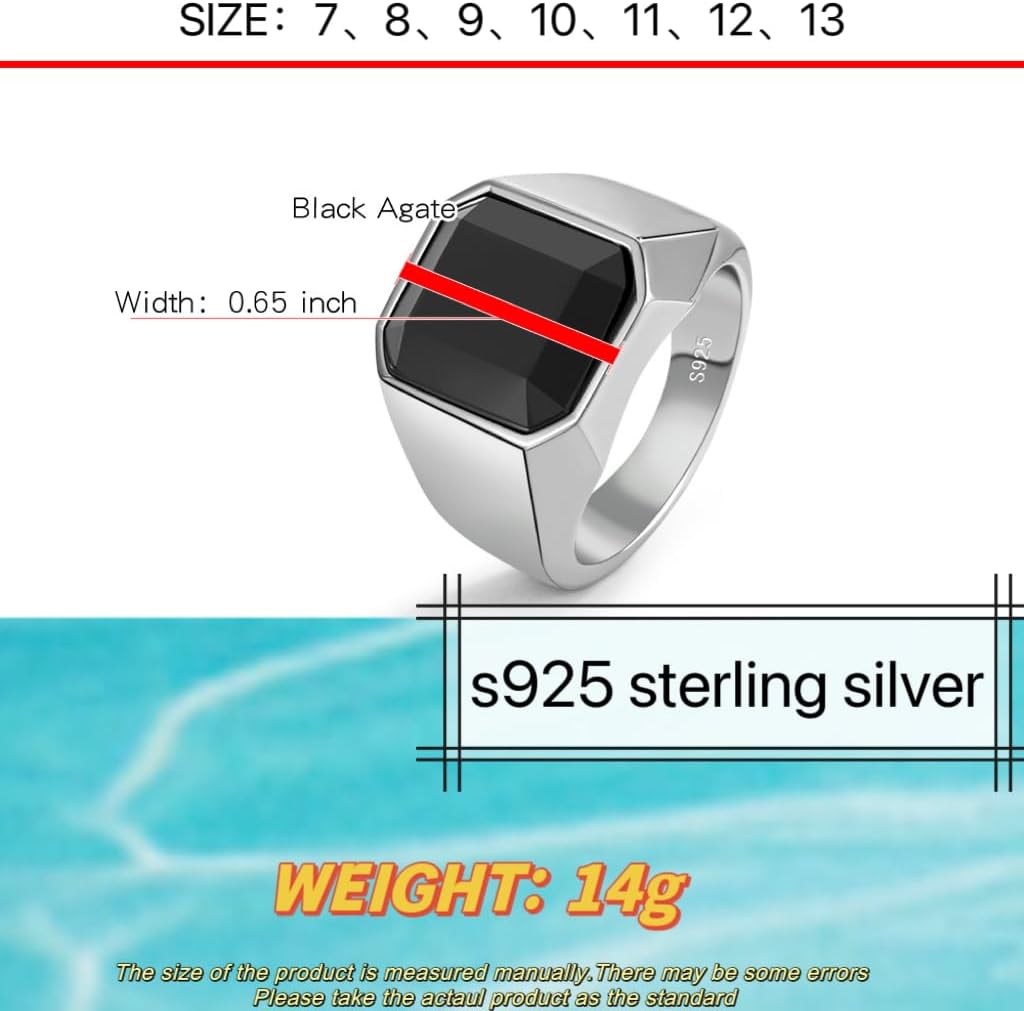 Mens Black Onyx Rings 925 Sterling Silver Square Agate Signet Rings For Men Luxury Ring Simple Design for Male Female - Image 7