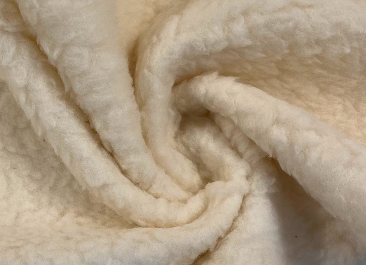 100% Lambs Wool Sherpa Fleece Sheepskin Fabric Material - Cream, 1/2Mtr 150cmx50cm