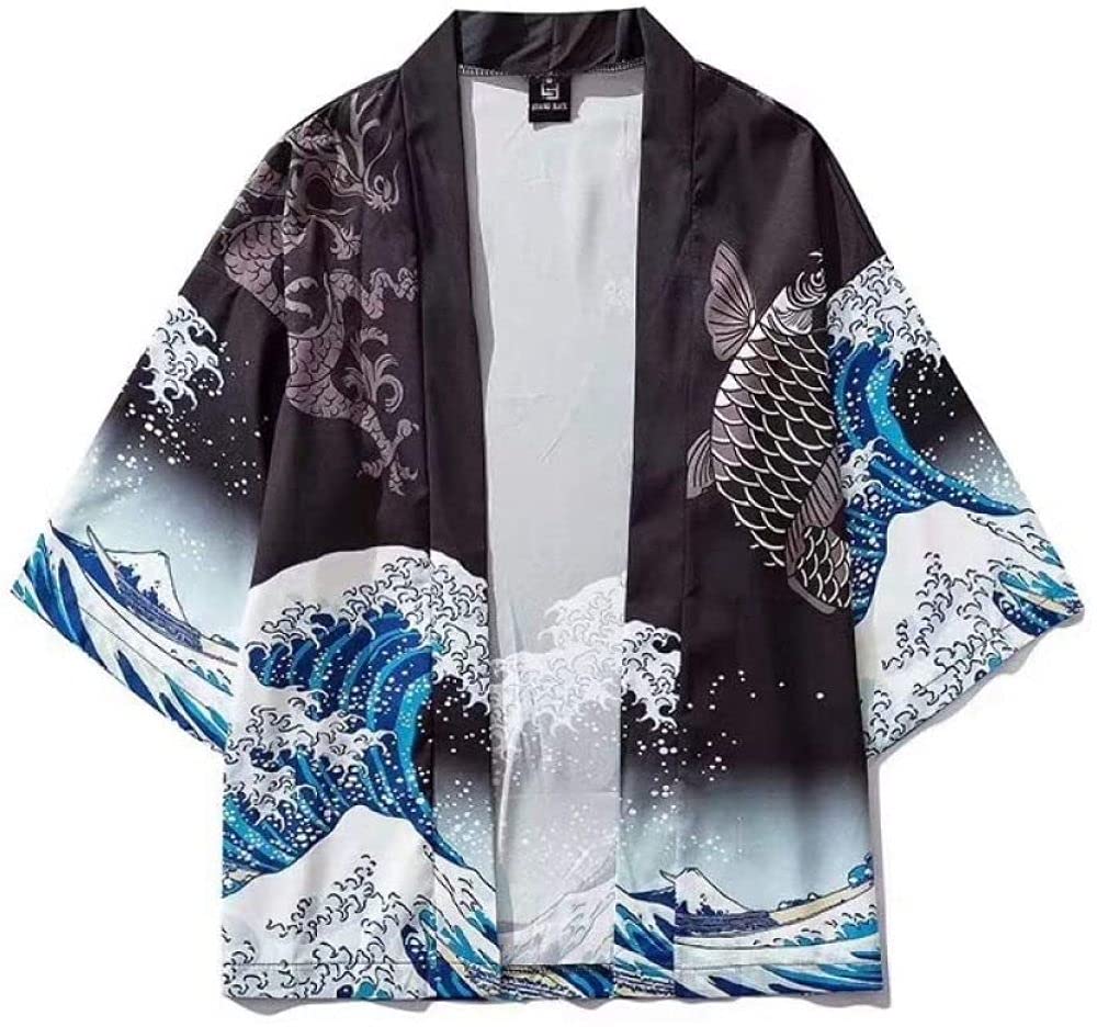 Haori Kimono Vest Japanese Traditional Costumes Men Fashion Kimono Haori Vest For Woman Summer Thin Coat Beach Wear Cape,Black-USL/TagXL