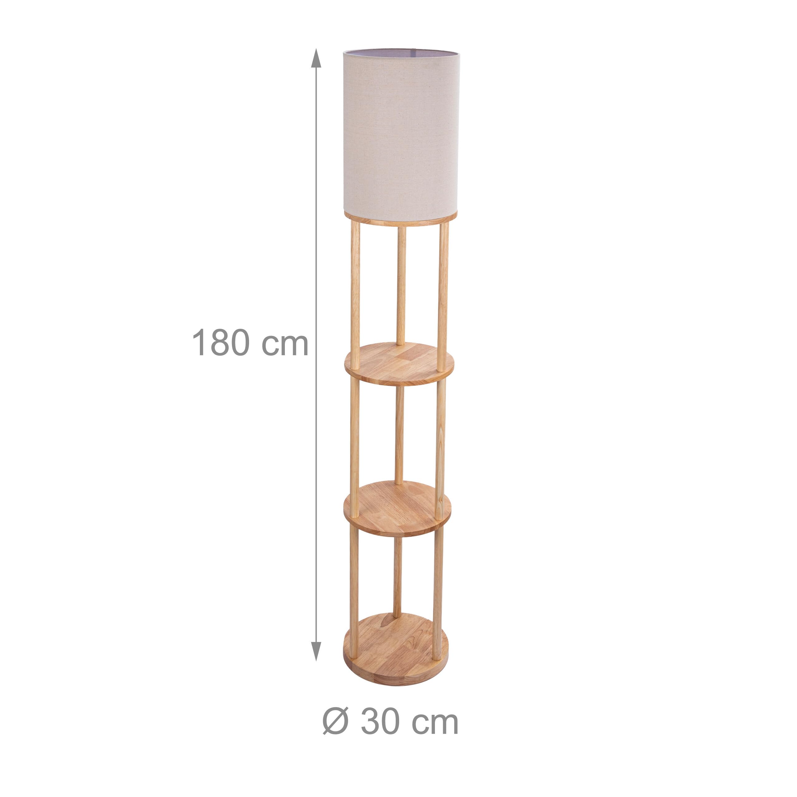 Relaxdays Stehlampe mit Regal, HD: 180 x 30 cm, E27-Fassung, Holz & Leinen, modernes Design, Stehleuchte, Natur-weiß