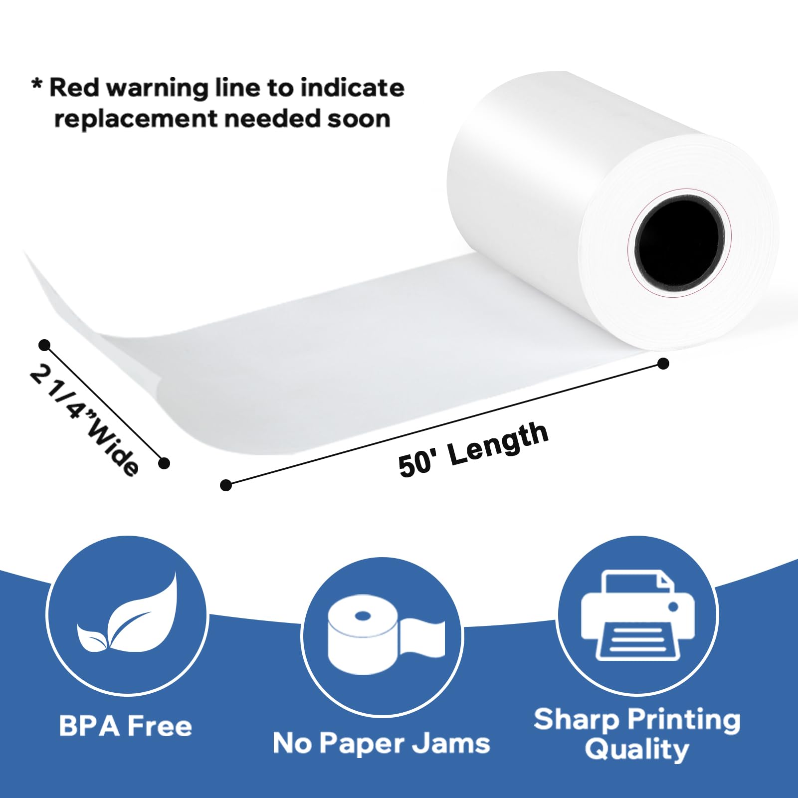 Rollos de papel térmico para recibos de 2 1/4 pulgadas x 50 pies, sin BPA, 50 rollos