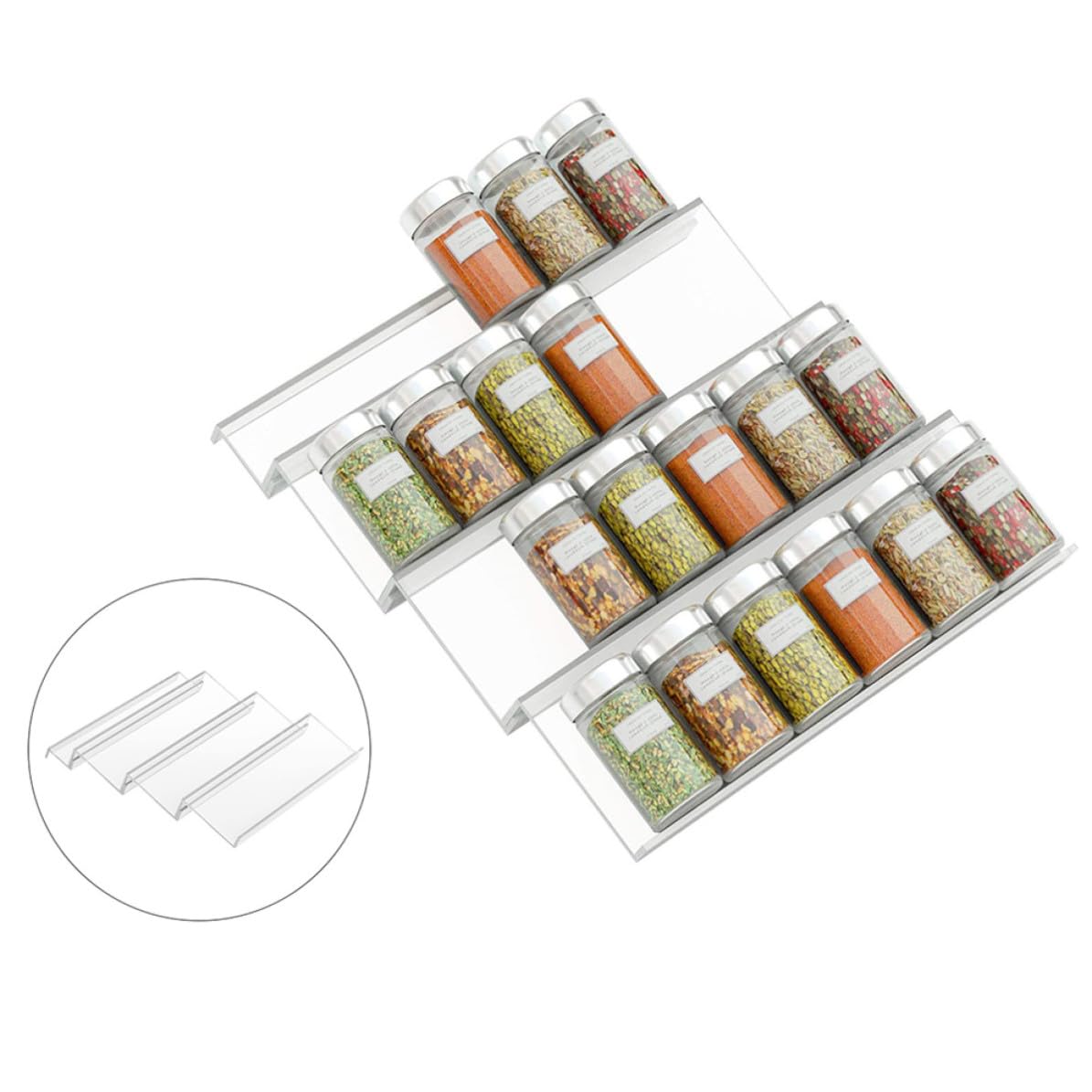 Gatuida Organizer Espandibile per Spezie in Acrilico, per Cassetto Cucina | Struttura a Livelli Inclinata, Accesso Rapido alle Bottiglie, Adatto per Contenitori di Condimenti e Salse