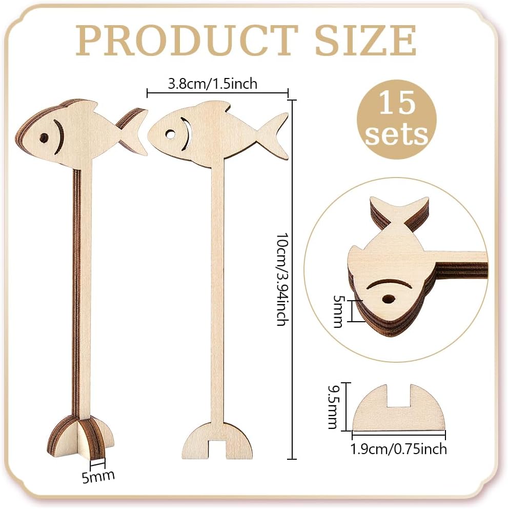 FINGERINSPIRE 15 Sets Wooden Meal Choice Marks 3.9x1.5x0.2inch Fish Shape Buffet Food Identification Labels with Base Reusable Wood Meal Choice Indicators for Wedding Parties Restaurant Dining Events image 2