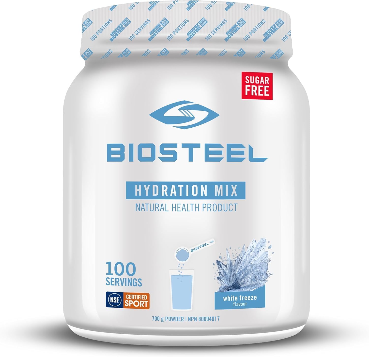 BIOSTEEL Zero Sugar Hydration Mix, Great Tasting Hydration with 5 Essential Electrolytes, White Freeze, 100 Servings per Tub