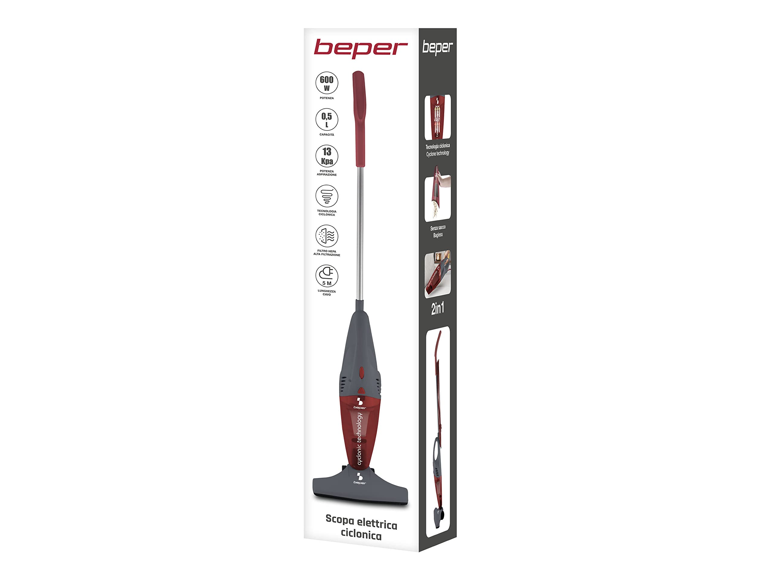 BEPER 50.451 Aspirador con cable, sin cable, con tecnología ciclónica y filtro Hepa, Rojo
