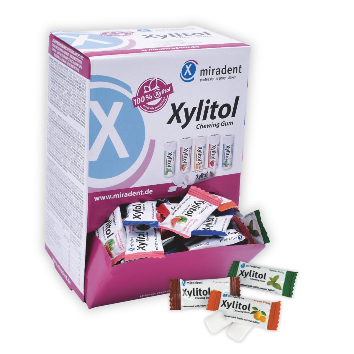 Miradent Xylitol Chewing Gum Distributeur 6 Goûts Assortis Pack de 200