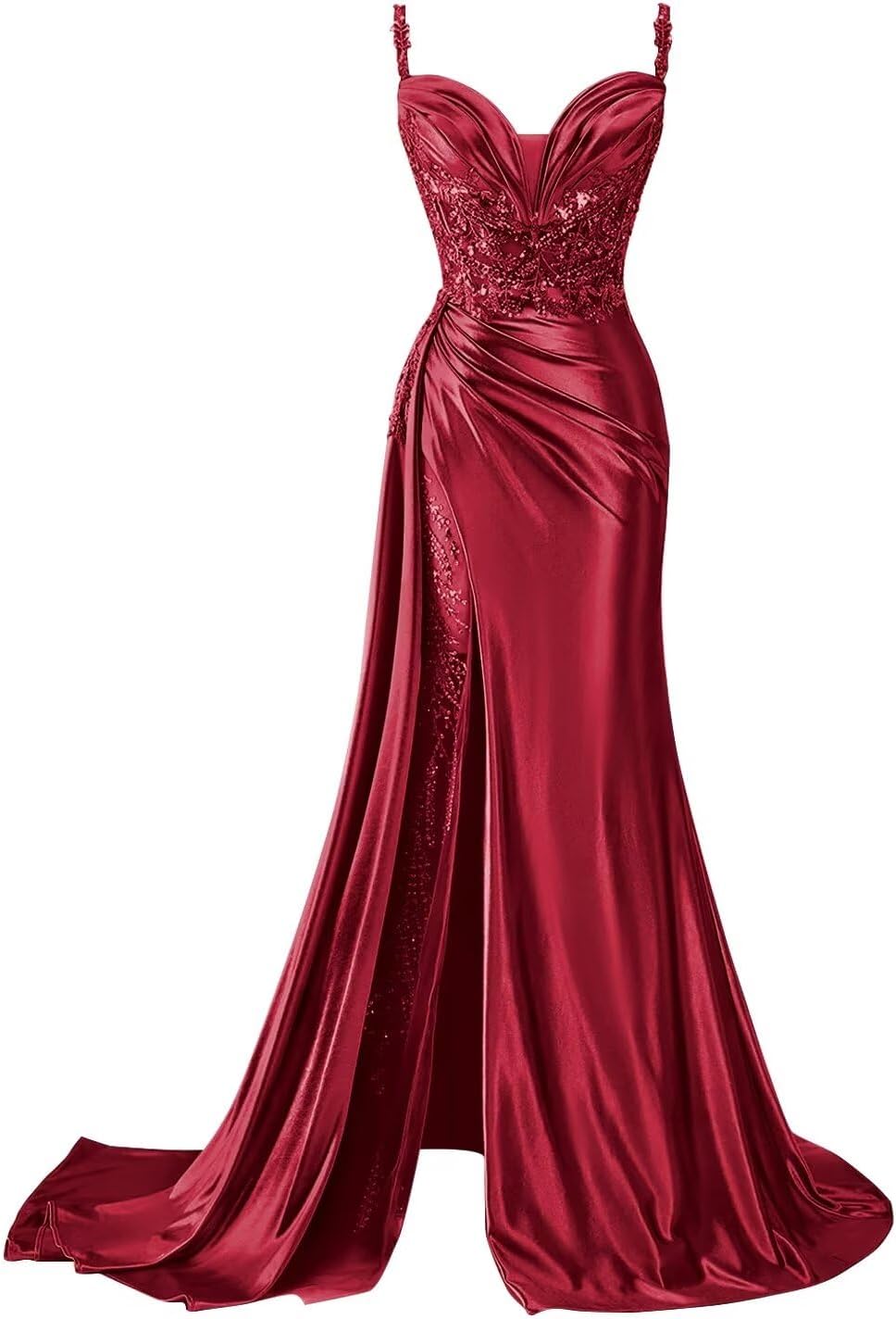 Women's Satin Mermaid Prom Dresses with Slit Sparkly Lace Empire Waist V Neck Evening Gowns 2026