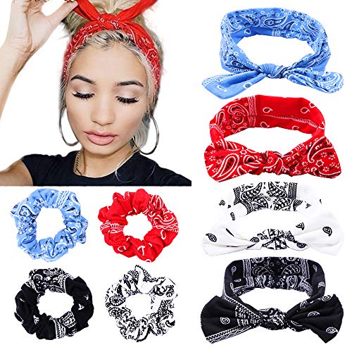 Boho Bow Bandana Headbands for Women Cotton Bandana Hair Scrunchies Flower Printed Turban Rabbit Ear Headwraps Hair Band, 8 Pcs