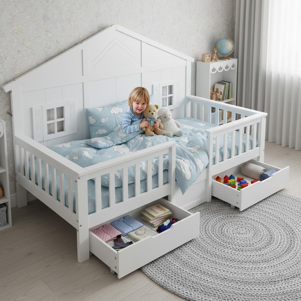 Kinderbett Hausbett 90x200, Montessori Bett Holzbett mit Rausfallschutz&Lattenrost, Einzelbett mit 2 Schubladen&Fenster&Dach, Gitterbett Jugendbett Bettgestell Spielbett, Kiefer, Ohne Matratze, Weiß