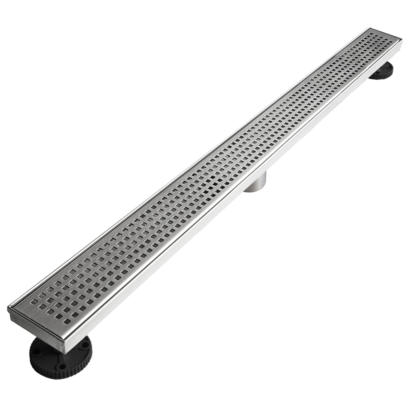 Neodrain 32-Inch Linear Shower Drain with Removable Quadrato Pattern Grate,Professional Brushed 304 Stainless Steel Rectangle Shower Floor Drain Manufacturer,with Leveling Feet,Hair Strainer