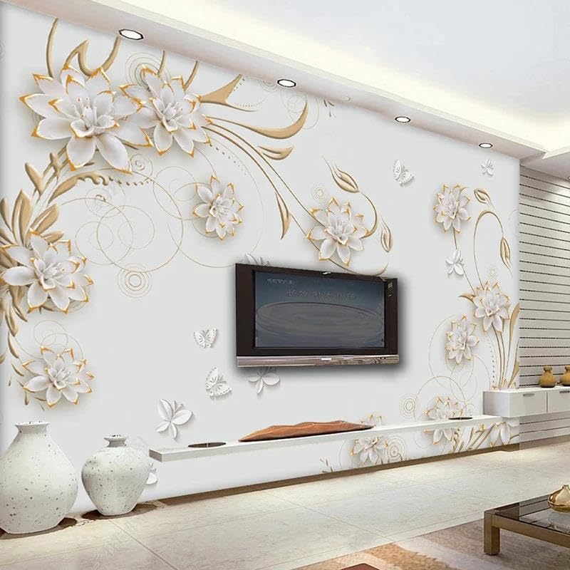 Papier peint floral blanc et or 3D idéal pour le salon et mur TV