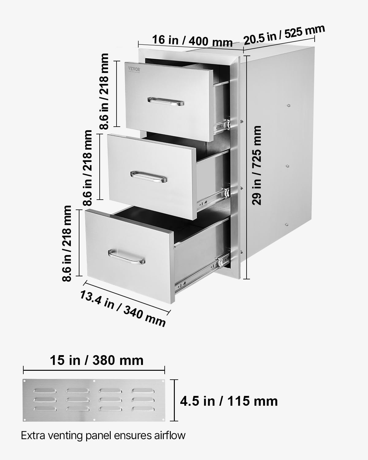 VEVOR Puertas de armario 400 x 725 x 525 mm con cierre de seguridad para niños, color plateado