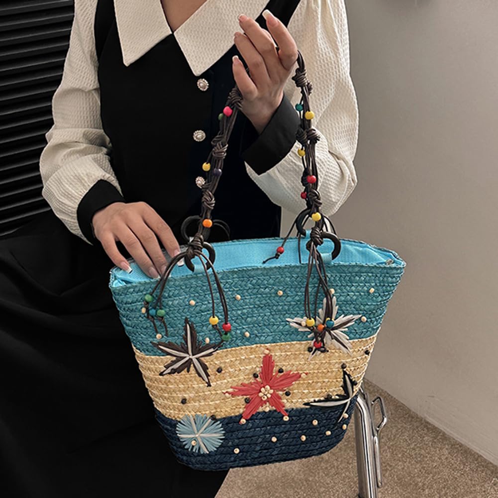Borsa a tracolla ricamata a mano in paglia bohémien con perline per viaggi