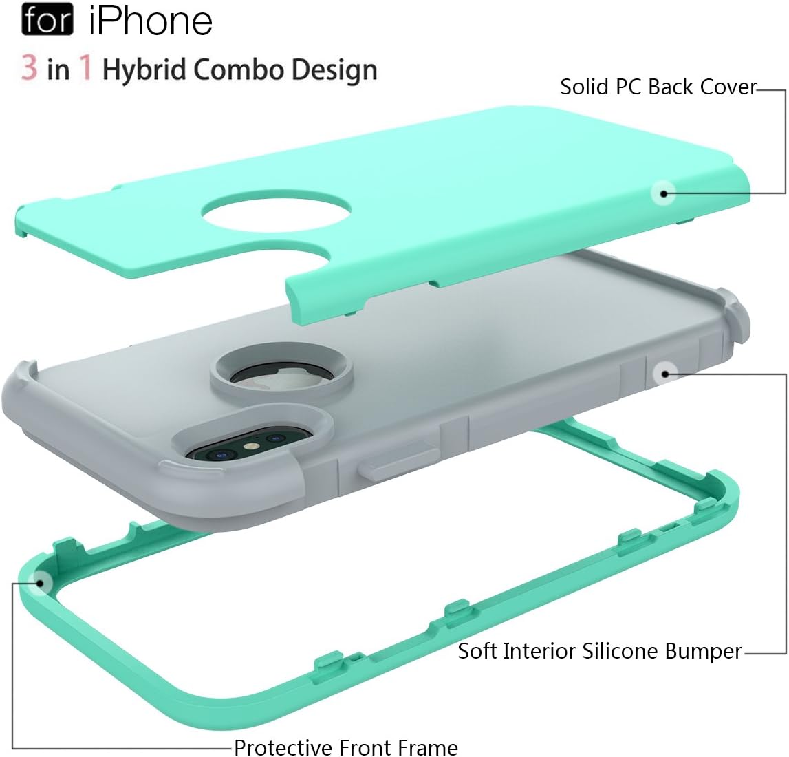 WeLoveCase iPhone Xs Case, iPhone X Case, iPhone Xs/X Case 3 in 1 Hybrid Shockproof Armor Defender Heavy Duty Bumper Full-Body Protective Case Cover for iPhone X (2017), iPhone Xs (2018) Mint