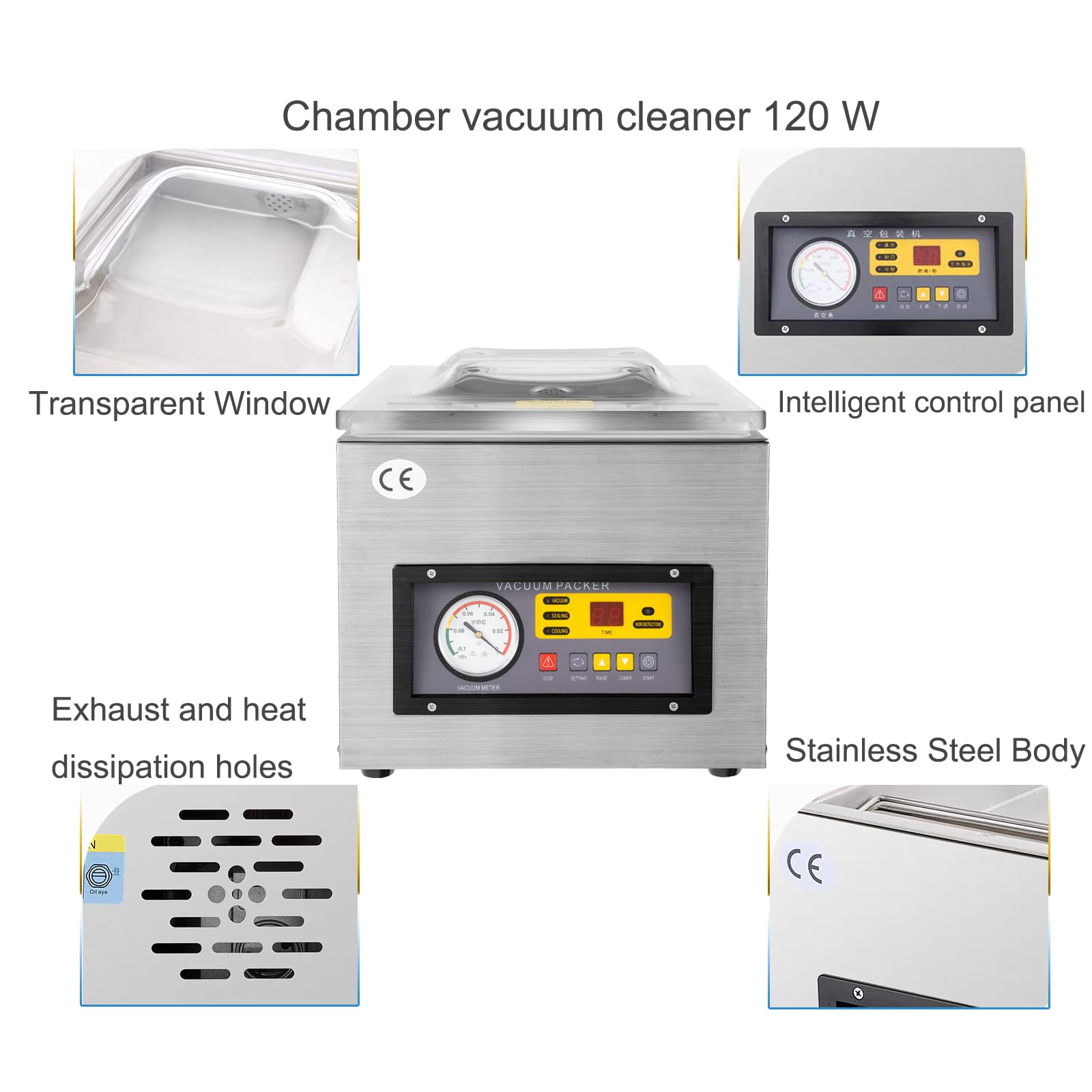 Envasadora al vacío 120W Sellador al Vacío de acero inoxidable Máquina Selladora de Cámara 30x25cm de Máx. Tamaño de Sellado, Hogar, Supermercado