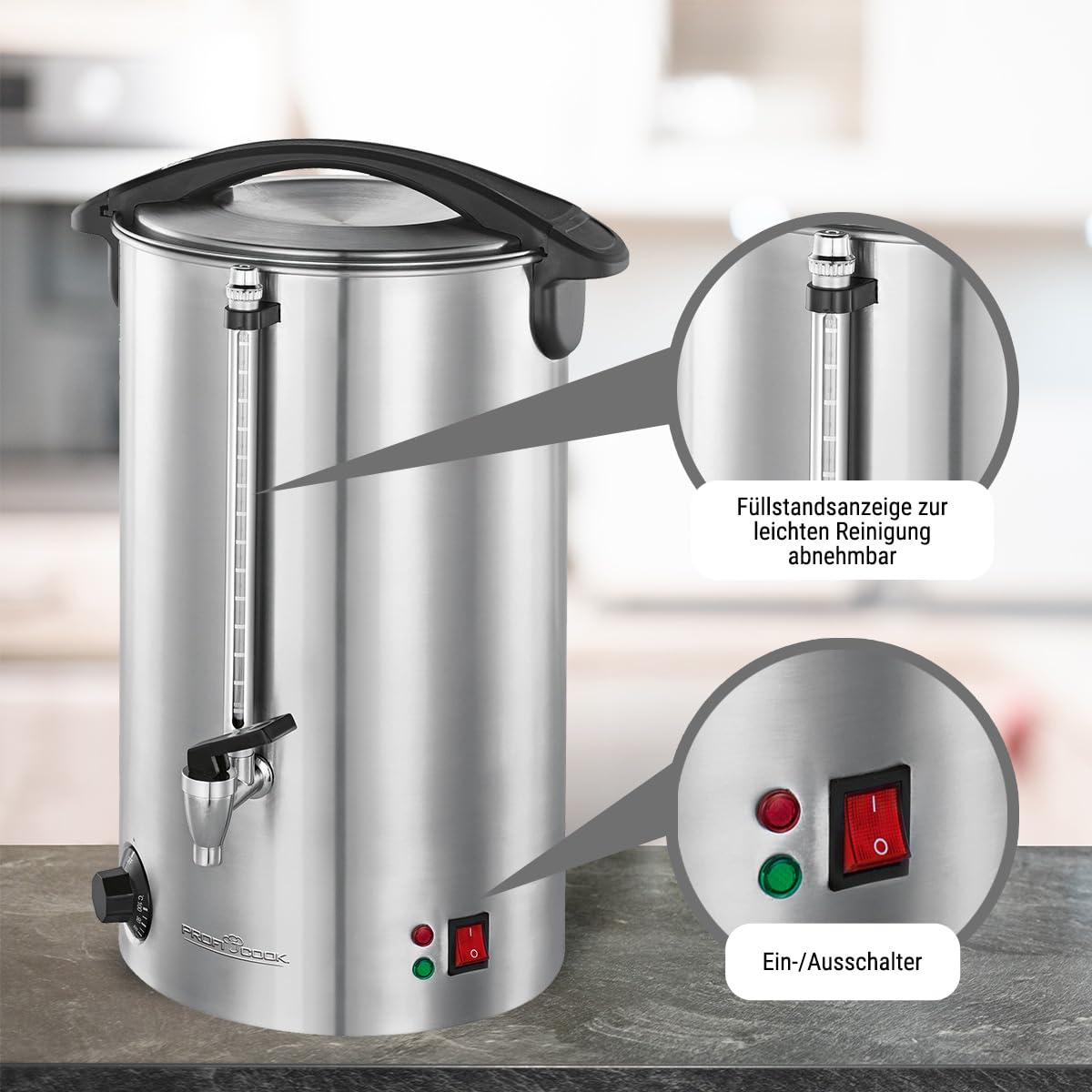 ProfiCook PC de HGA 1111 Bebidas Calientes y vino caliente de goteo, carcasa de acero inoxidable, 16 L, indicador de llenado, Inox