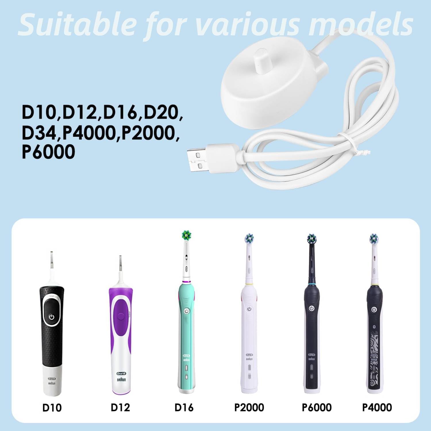 Electric Toothbrush Charger Replacement, Compatible with Oral-B P2000 P4000 P6000 P7000 D10 D12 D16 D20 D34 Models Toothbrush Charger, Universal Electric Toothbrush Charging Base - Image 2