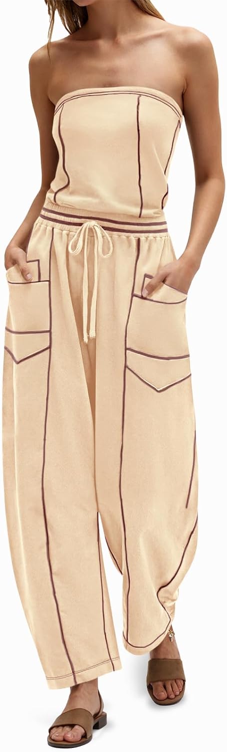 Cicy Bell Womens Summer Strapless Jumpsuits Casual Off the Shoulder Loose Romper Drawstring Barrel Outfits Jumpers