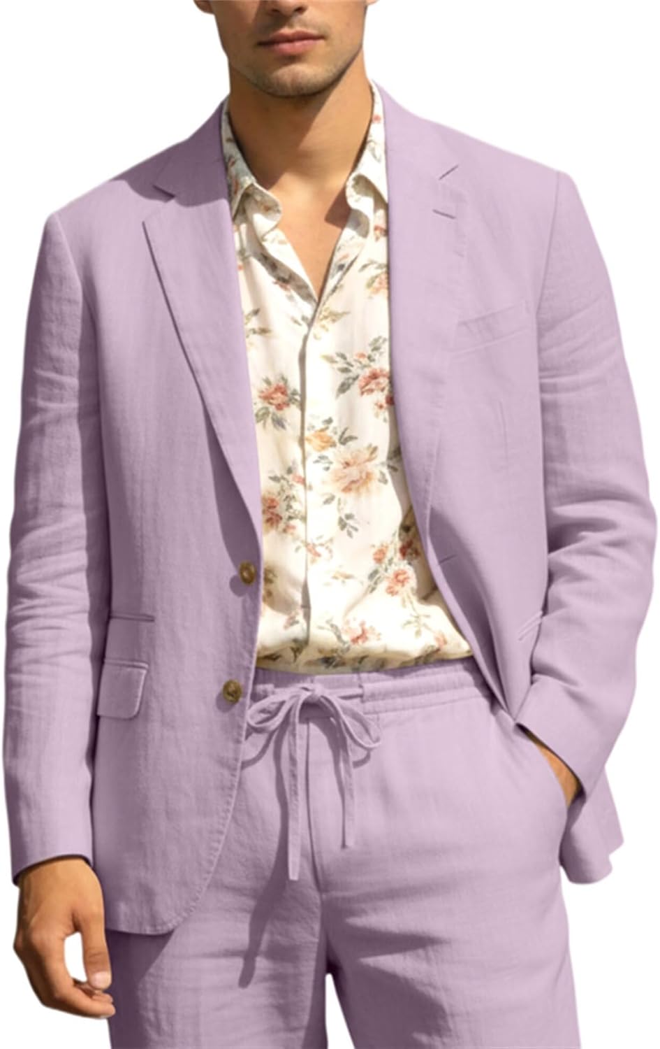 Men's Linen Suits 2 Piece Casual Regular Fit Linen Blazer Jacket and Pants for Summer Beach Wedding