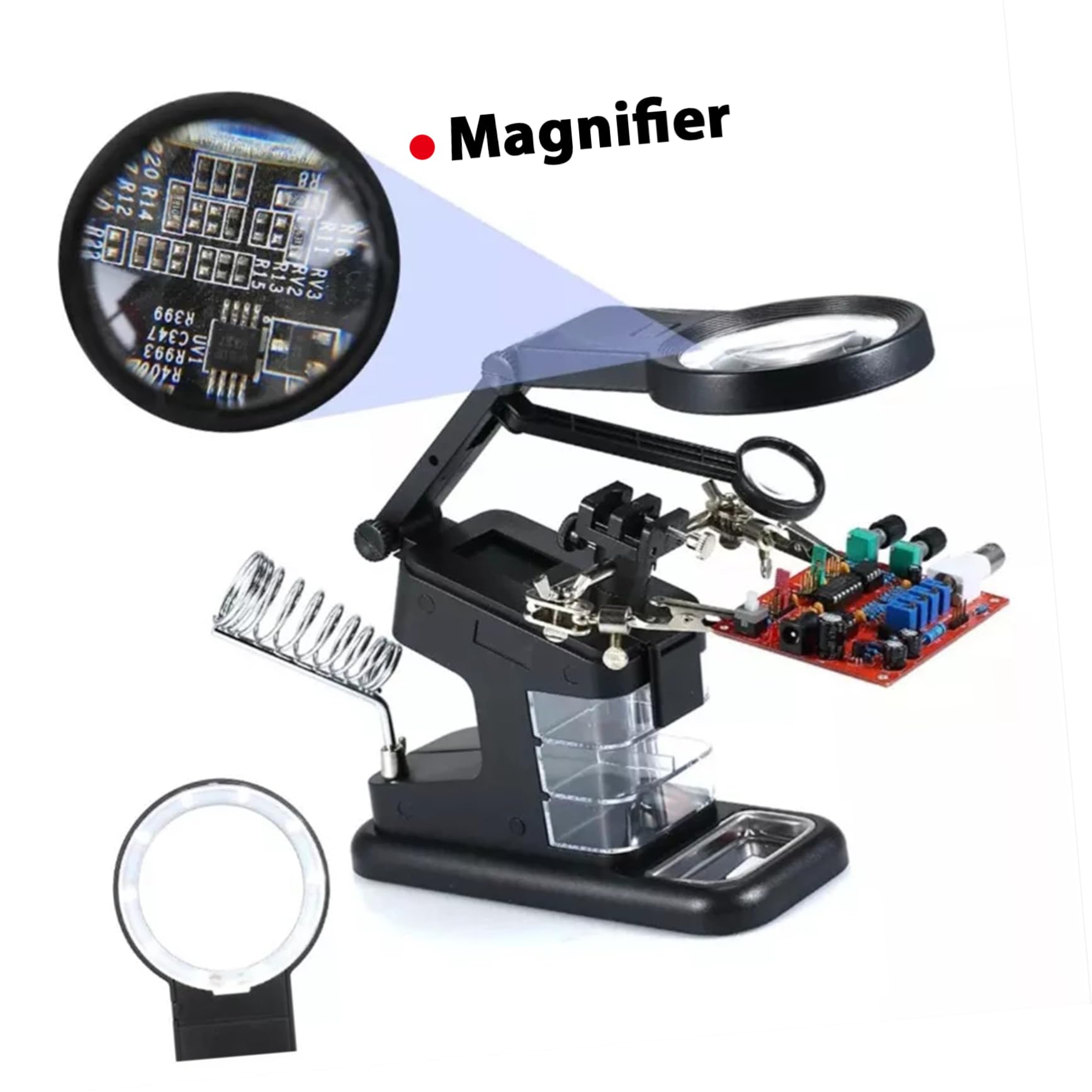 CHILDWEET Supporto per Saldatura Morsetto da Tavolo Nero, Lente di Ingrandimento Acrilica e 10 Led, per Riparazioni Elettroniche e Lavori di Saldatura USB