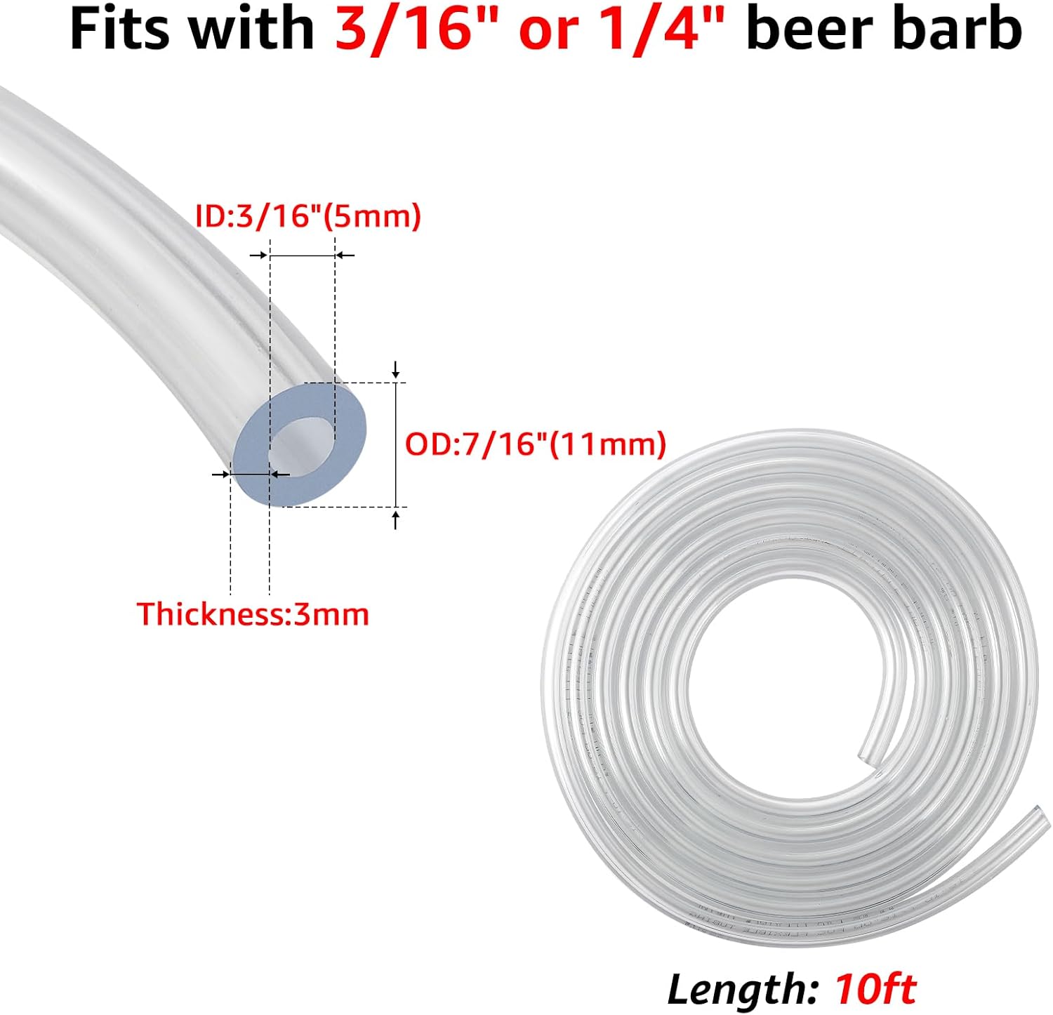 10ft or 5ft Kegerator Beer CO2 Gas lines with Barb Fitting Connector for Brewing Beer Keg Tap Tower, D Keg Coupler