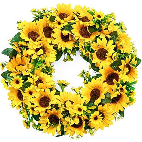 Souarts 15.7 Inch Sunflower Wreath For Front Door, Round Artificial Yellow Wreath, Spring Summer Wreath For Front Door Window Party Home Decor, Door Wreath Sunflower Decor #TOP30