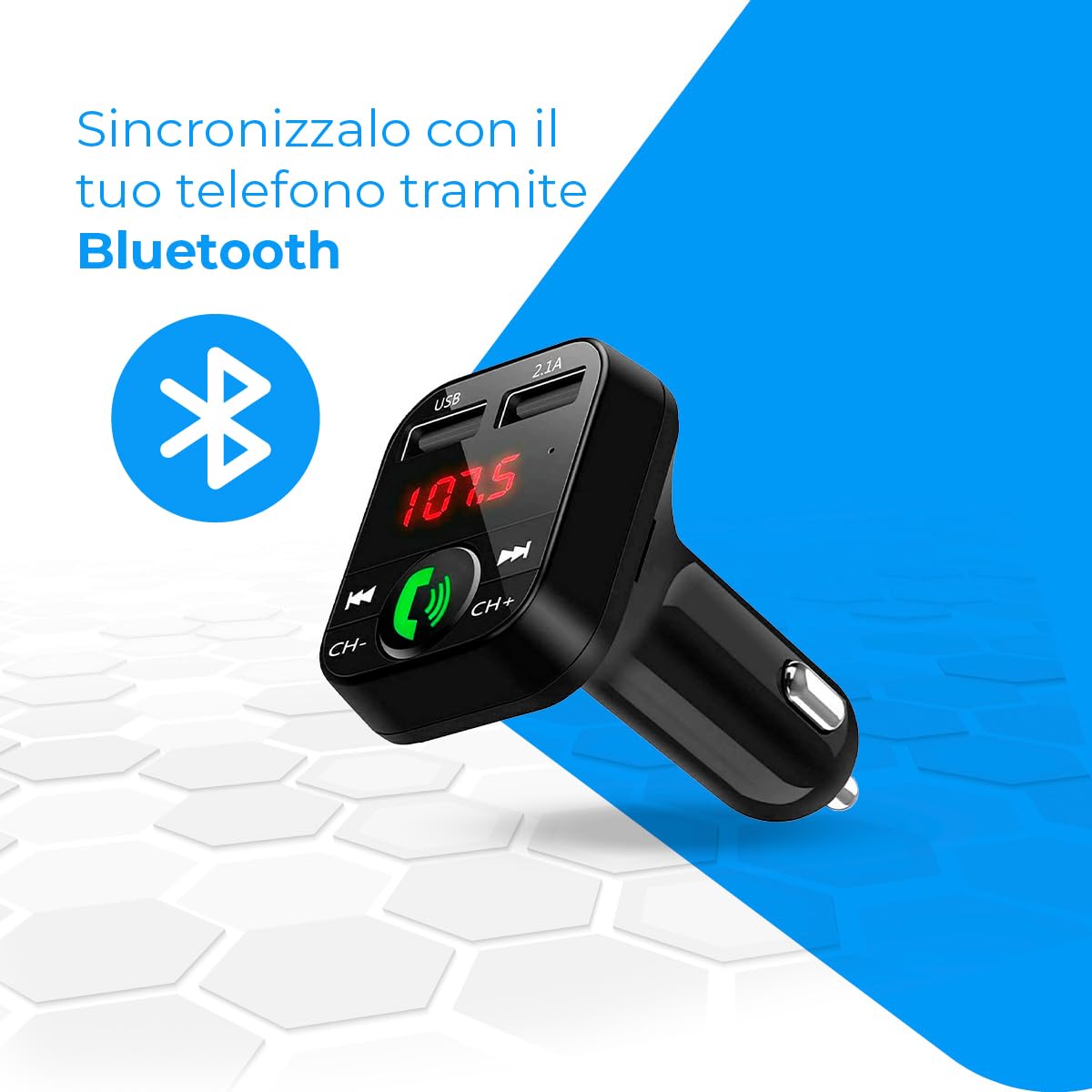 NK Trasmettitore FM Bluetooth - 12/24W, Vivavoce, Per Auto e Camion, Lettore Musicale Bluetooth V5.0 + EDR, Adattatore Radio con Ricevitore FM, Doppia porta USB e ricarica rapida 2,1A.