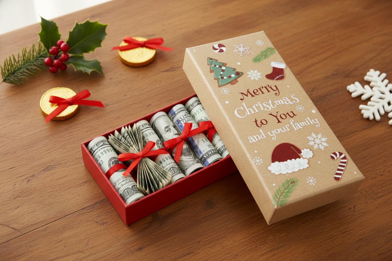 Emartbuy Geschenkkarten- & Geldhalterboxen - 12 Stück | Starre Kraftboxen mit 4 festlichen Drucken | Perfekt für Bargeld, Notizen, Gutscheine & Weihnachtsgeschenke - 7,6 x 17 x 3 cm