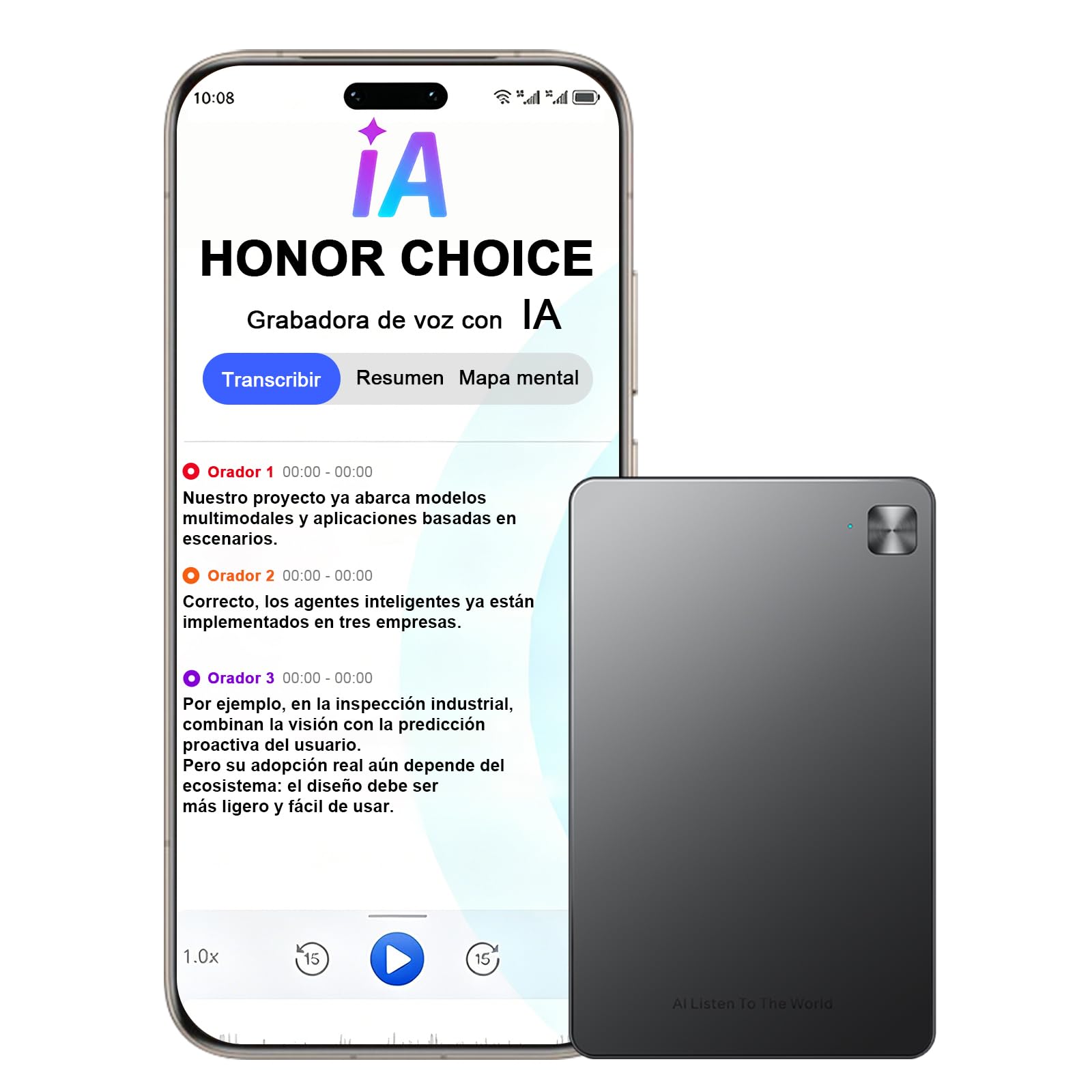 HONOR Choice AI Note Grabadora de Voz, 600 Min/Mes de Transcripción Gratuita, Dictáfono Digital con Resúmenes IA y Mapas Mentales, 130+ Idiomas, Tarjeta Magnética Fina, para Reuniones y Llamadas