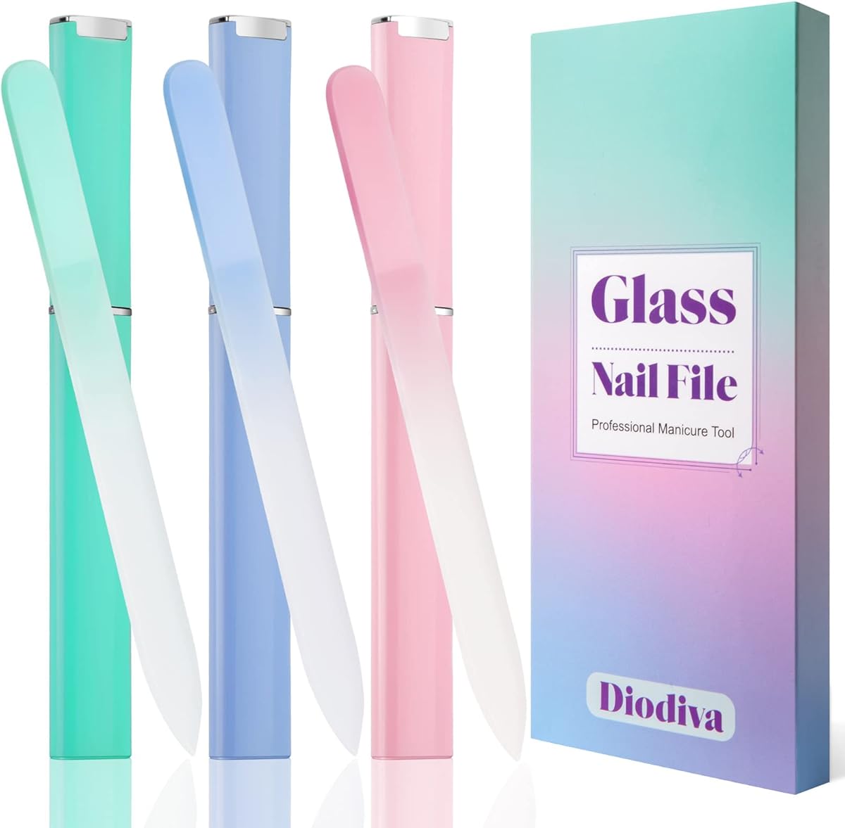 Glass Nail File 3 Pack for Natural Nails, Stocking Stuffers for Women Adults Unique Christmas Gifts Crystal Fingernail Files with Case Etched Nail Filer Professional Nail File Glass Lima de uñas