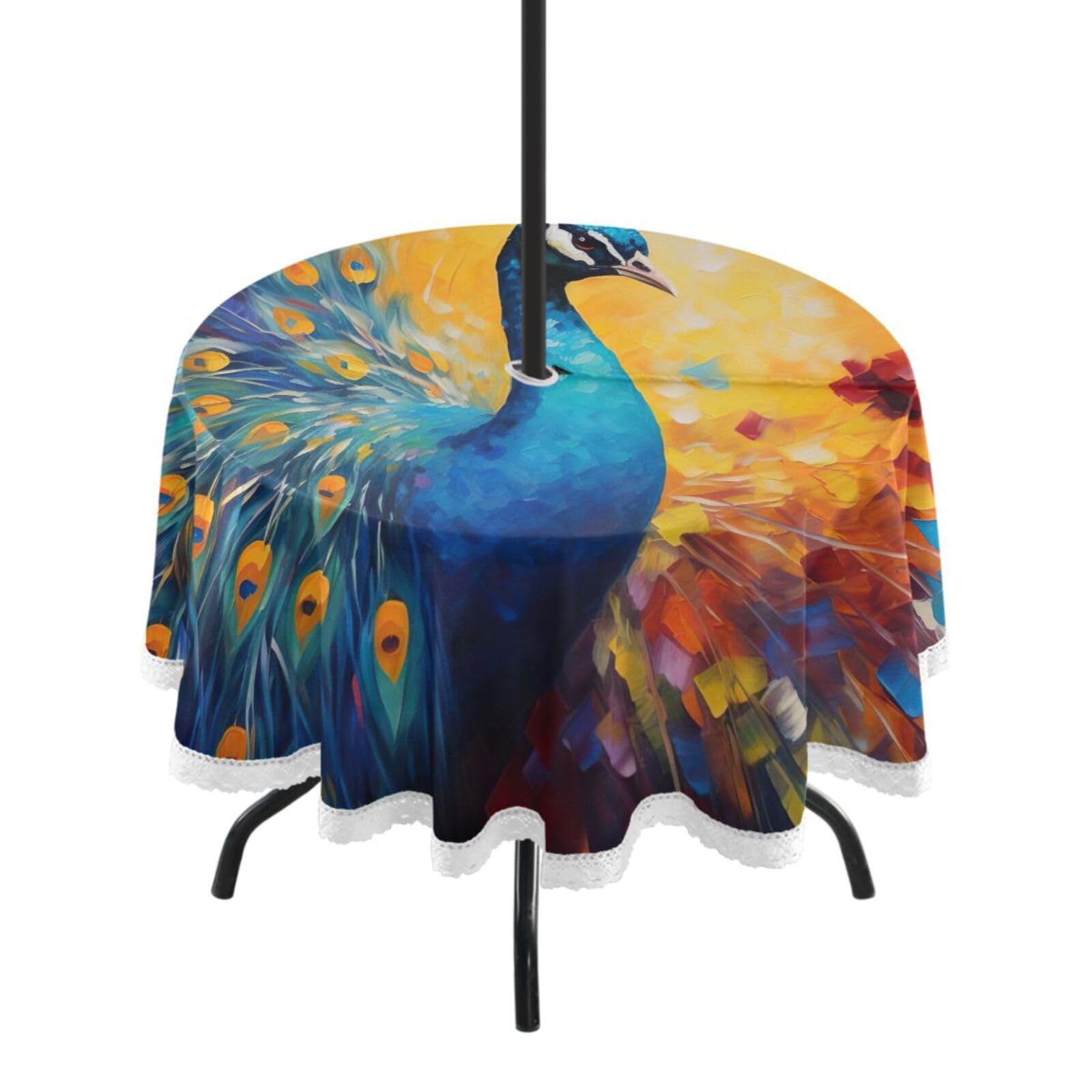 Wajiw 60 Inch Indoor Outdoor Round Tablecloth with Umbrella Hole and Zipper Waterproof Patio Table Cover for Camping Dining Room Party Outdoor Picnic,Peacock