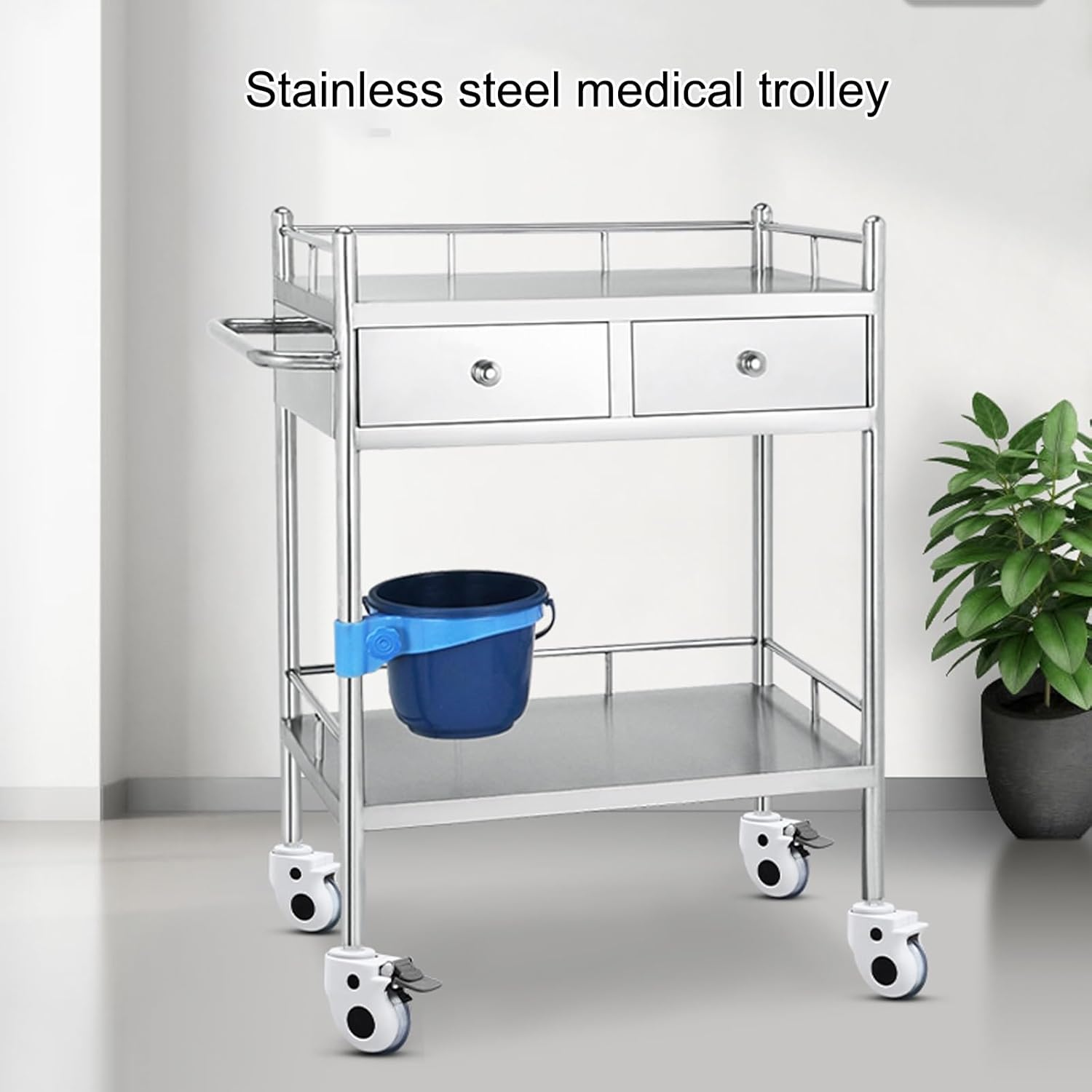 Medical Trolley Cart, 2-Layer Medical Trolley, Medical Utility Cart with 2 Drawers & 1 Trash Cans, Portable Professional Cart, for Esthetician Supplies, Lab Tools