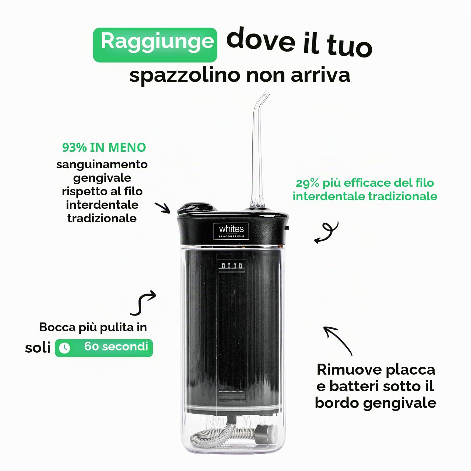 Whites Beaconsfield Idropulsore Dentale Portatile Elettrico Bianco con Serbatoio da 230 ml - Irrigatore Orale con Modalità Regolabili - Pulitore Denti ad Acqua per Gengive Sensibili - Ricaricabile