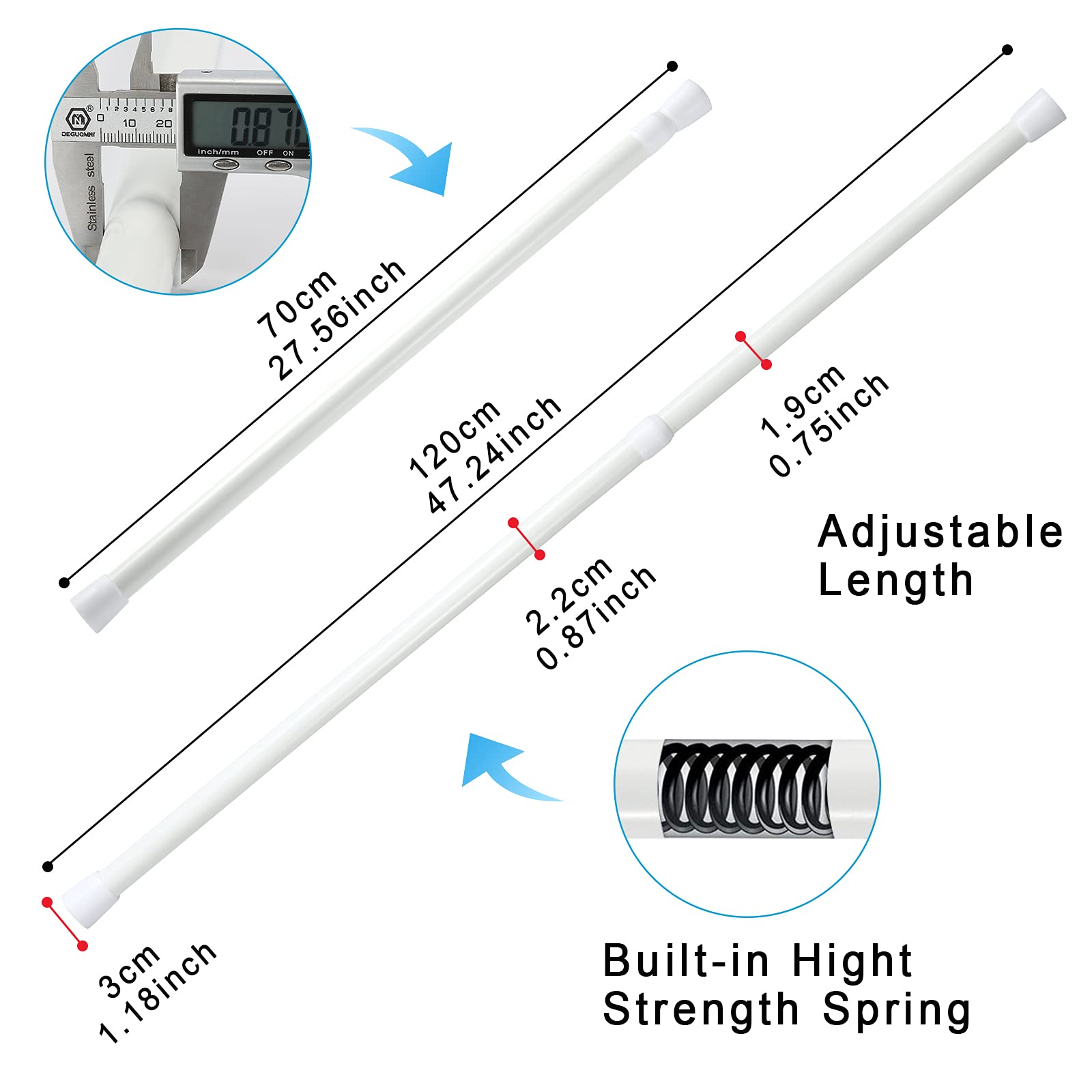 Vorhangstange, OEH 4PC Gardinenstange, ohne Bohren, rostfrei, Spannstange mit Feder, verstellbare Spannstangen für Fenster, Badezimmer, 55-90 cm, 3 cm Durchmesser