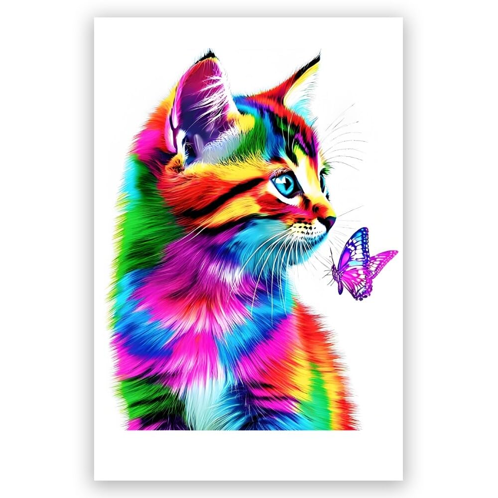Cat Wall Art Canvas Print Painting Funny Cute Colorful Butterfly Cat Lovers Gift Pictures Posters for Girls Room Bedroom Bathroom Kids Toddler Baby