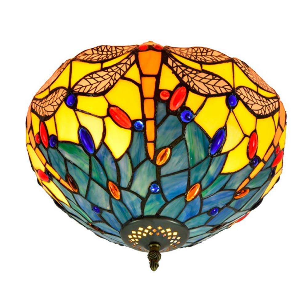 Lámpara de Techo E27 Azul de Vidriera Antigua 30cm Libélula
