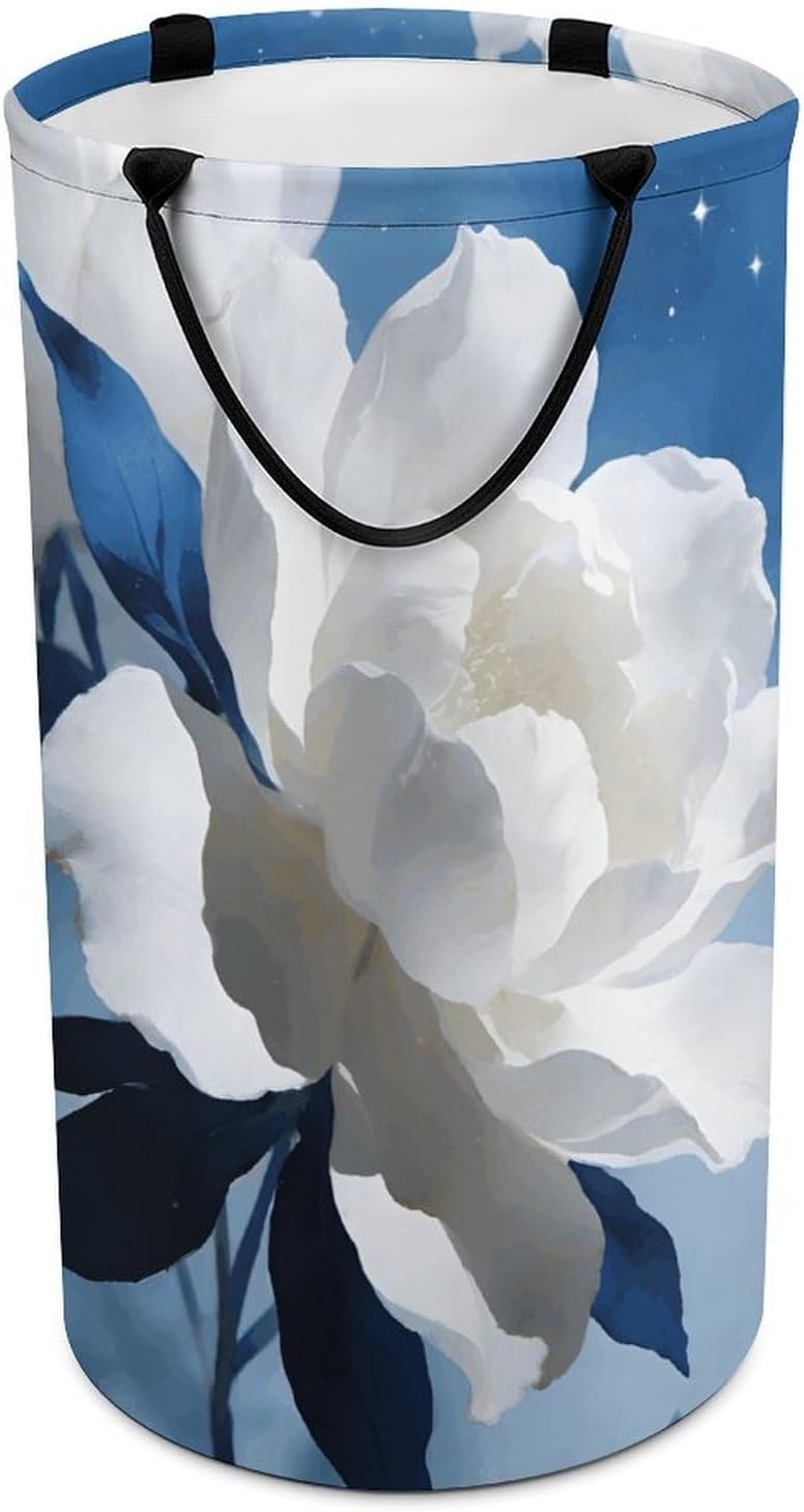 White Blue Laundry Hamper with Handles Waterproof Collapsible Laundry Basket Large Lightweight Round Dirty Clothes Hamper for Home Dorm Bathroom Decor