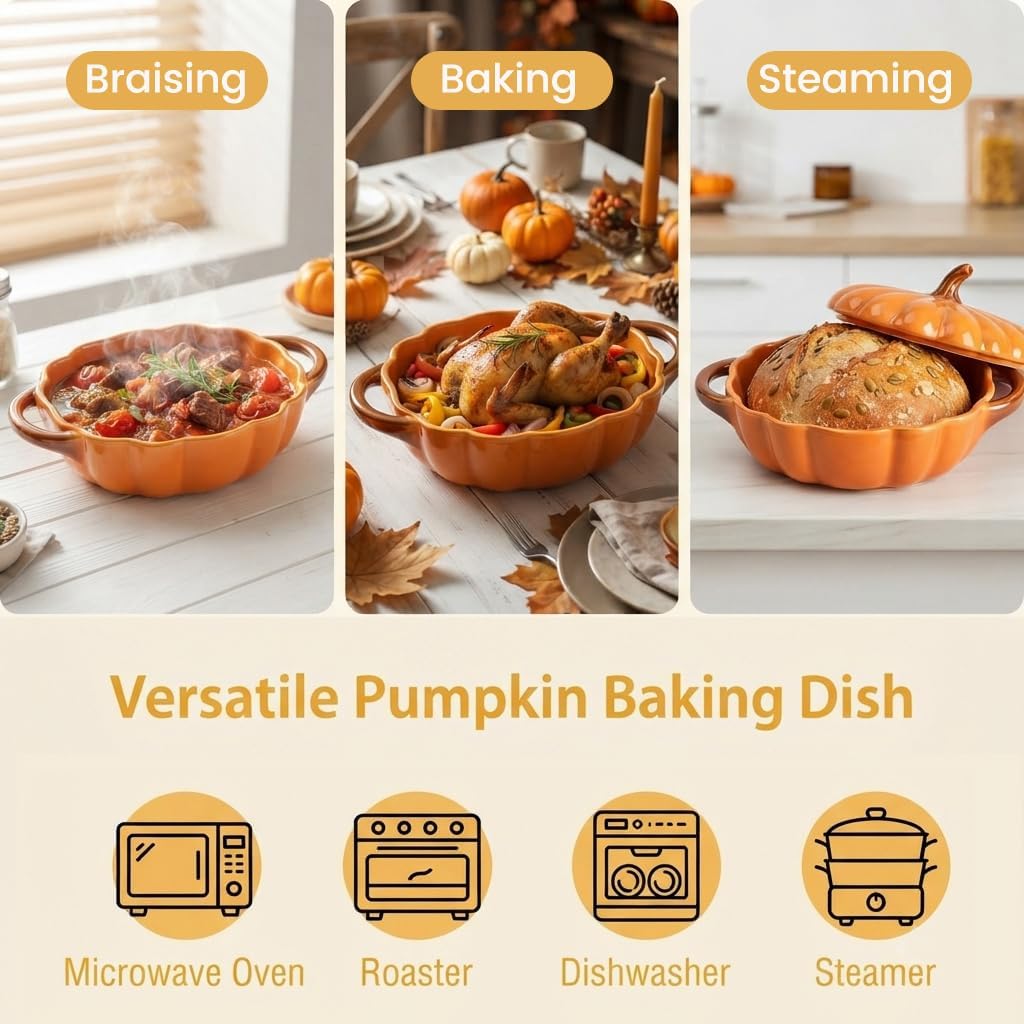 Pumpkin Casserole Dish with Lid, Orange, Oven Safe,8.3" x 2.4"