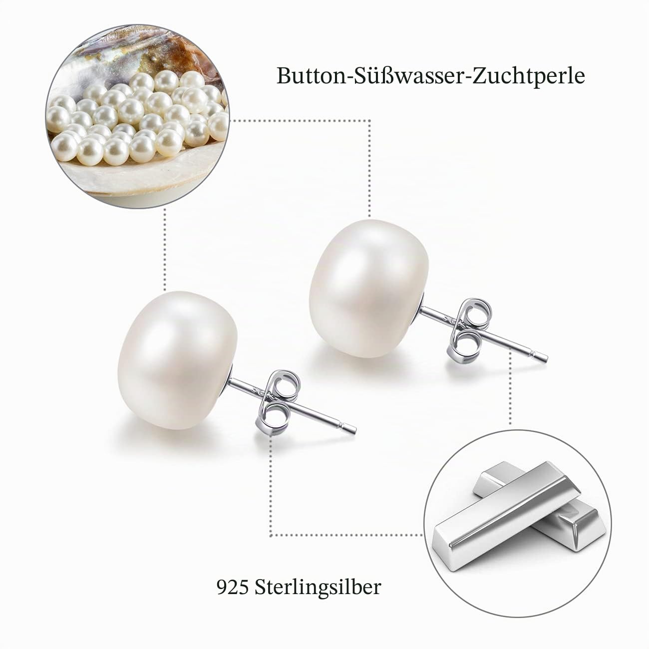 Süßwasserperlen Ohrringe Echt 925 Silber Perlenohrringe Stecker Weiß 5MM 6MM 7MM 8MM 10MM Süßwasser-Zuchtperlen Ohrringe Ohrstecker
