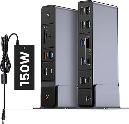 TobenONE Estación de acoplamiento USB C 3 monitores, pantalla triple 4K 18 en 1, adaptador de corriente de 150 W con carga rápida de 20 W, 8 puertos