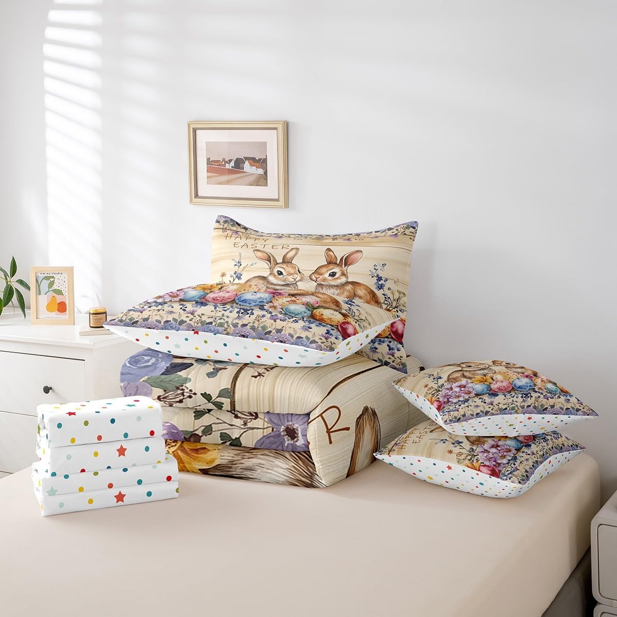 Cartoon Easter Reversible 7 Pieces Comforter Set King Size,Farmhouse Rabbit Cute Eggs Print Bed Sheet Set Rustic Watercolor Flowers Floral Bedding Set with Comforter,Fitted & Flat Sheet