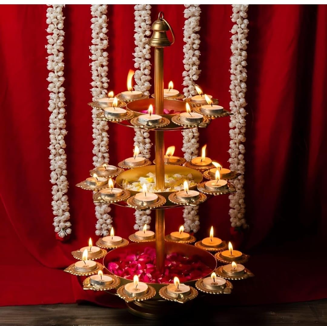 Resonance Brass handicrafts 3-Tier Brass Diya Stand, Traditional Tea Light Holder with 24 Diyas, Decorative Candle Display for Festivals-image-31