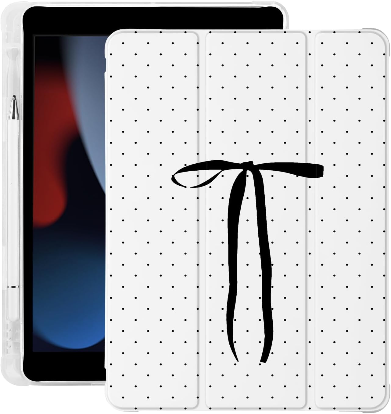 Cute White Polka Dot for iPad Air 3 Case with Pencil Holder, Auto Sleep/Wake, Black Leather Soft TPU Back Cover for iPad Pro 10.5 Inch 2017