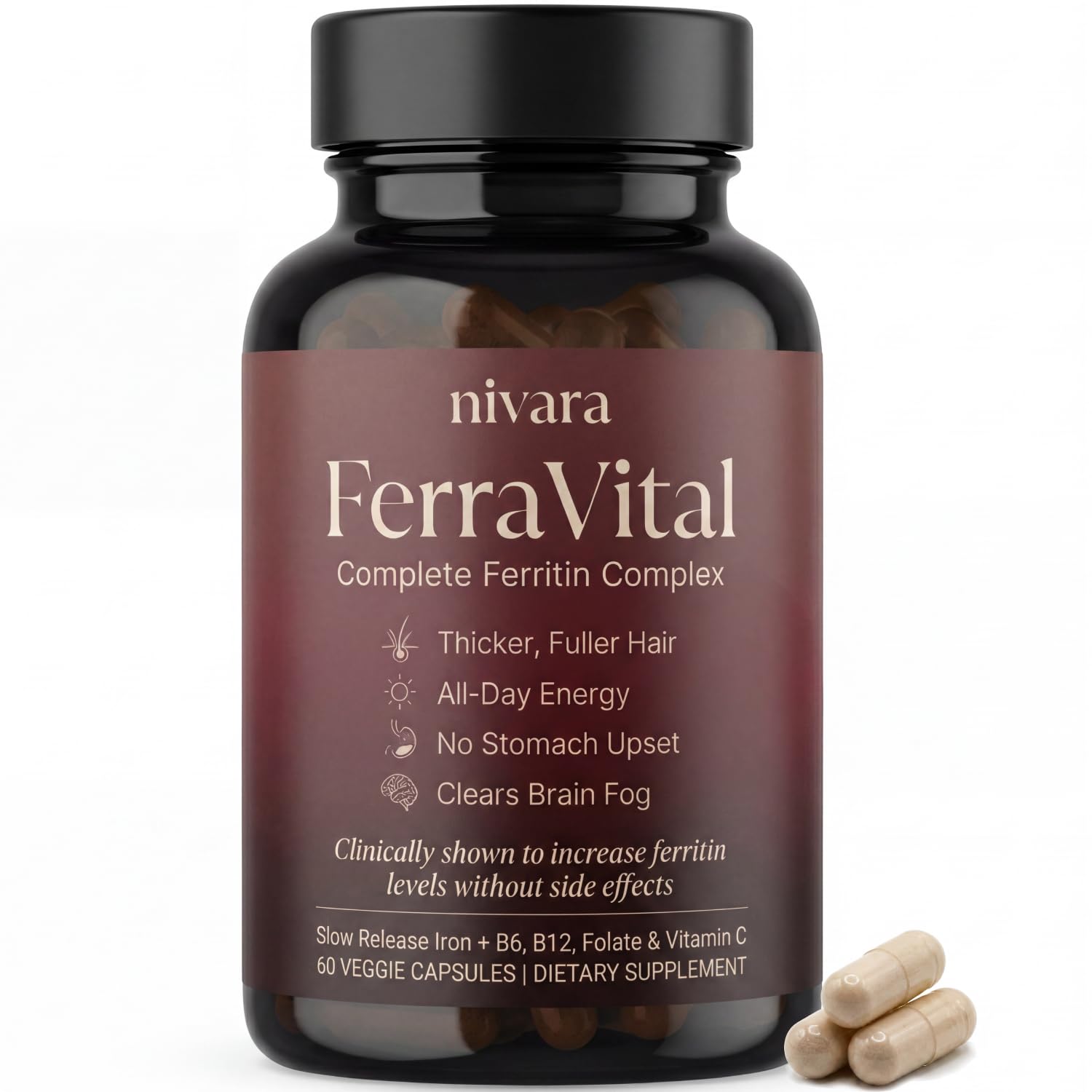 Photo 1 of Nivara FerraVital Ferritin Complex - Iron Supplement for Women & Men with Bisglycinate, Vitamin C, B12, Lactoferrin, Methylfolate, Slow Release Gentle Iron Pills for Hair & Energy Support, 60 Capsules
Exp 05/2028