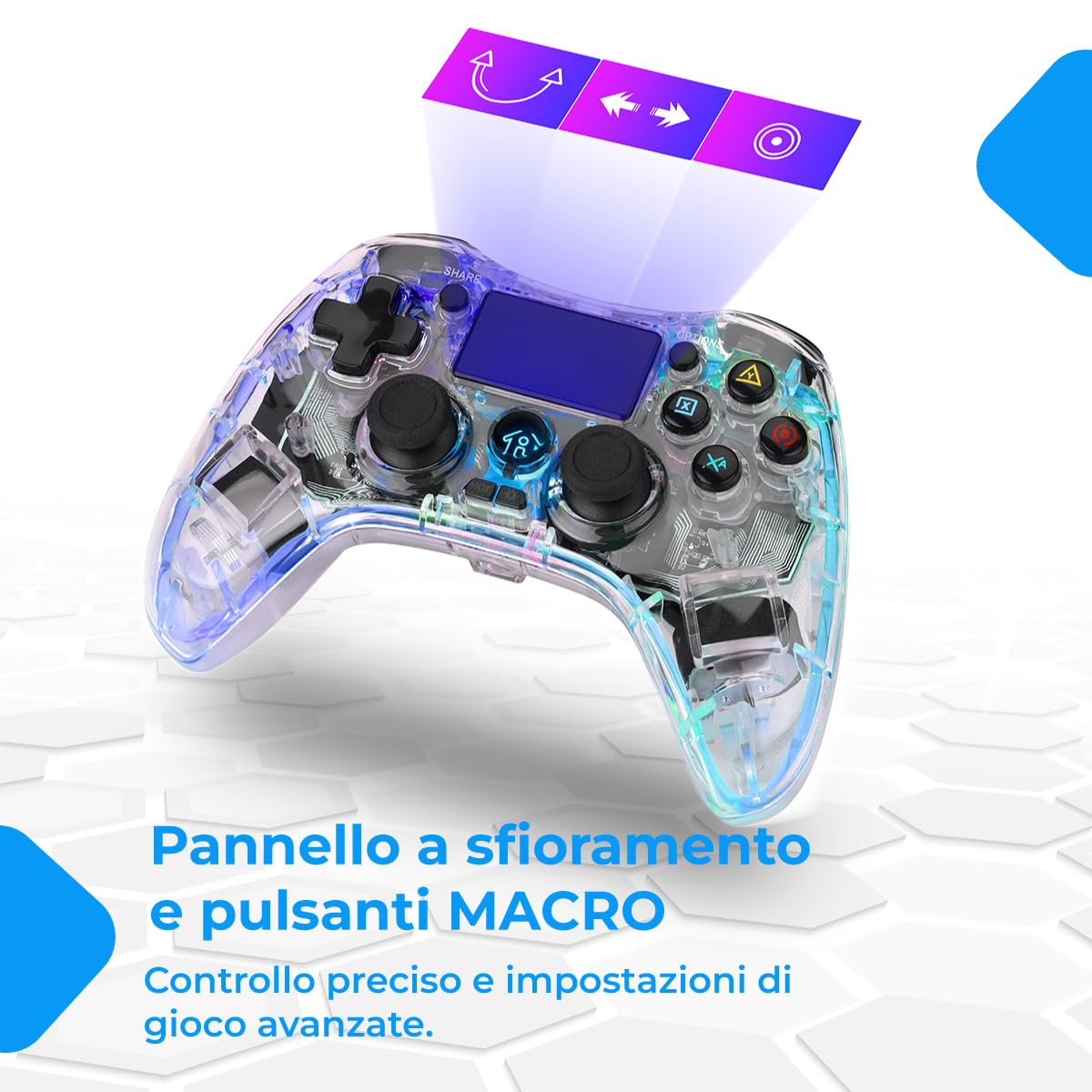 NK Controller per PS4 / PC/Android - Controller Wireless con 2-Shock, 6 assi, 2 pulsanti MACRO, 7 Modalità di Luce LED, Touchpad, Ingresso per Cuffie, Cavo di Ricarica incluso - Nero Trasparente