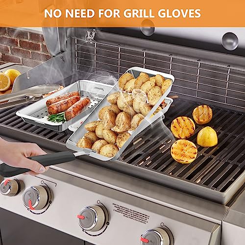 onlyfire Grillkorb Set, Grillpfännchen für Gasgrill, Enthält 3 Edelstahl Grillkörbe mit Löchern, 1 Serviertablett und Hebegriff, BBQ Grillschalen, Gemüsekorb, Gemüse für Gemüse, Fleisch, Brot