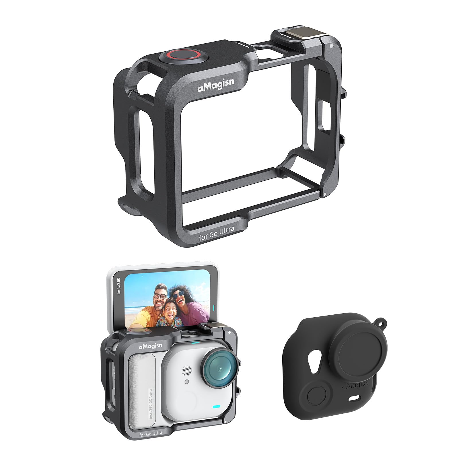 Rszfnjxry Aluminum Frame Cage with Lens Silicone Case for Insta360 GO Ultra,Metal Protective Durable Housing Case with Cold Shoe Mount (Model Number 2