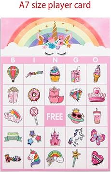 amazon com miss fantasy unicorn bingo game unicorn party games for kids magical unicorn party favors supplies for girls birthday unicorn bingo cards for 24 players sports outdoors