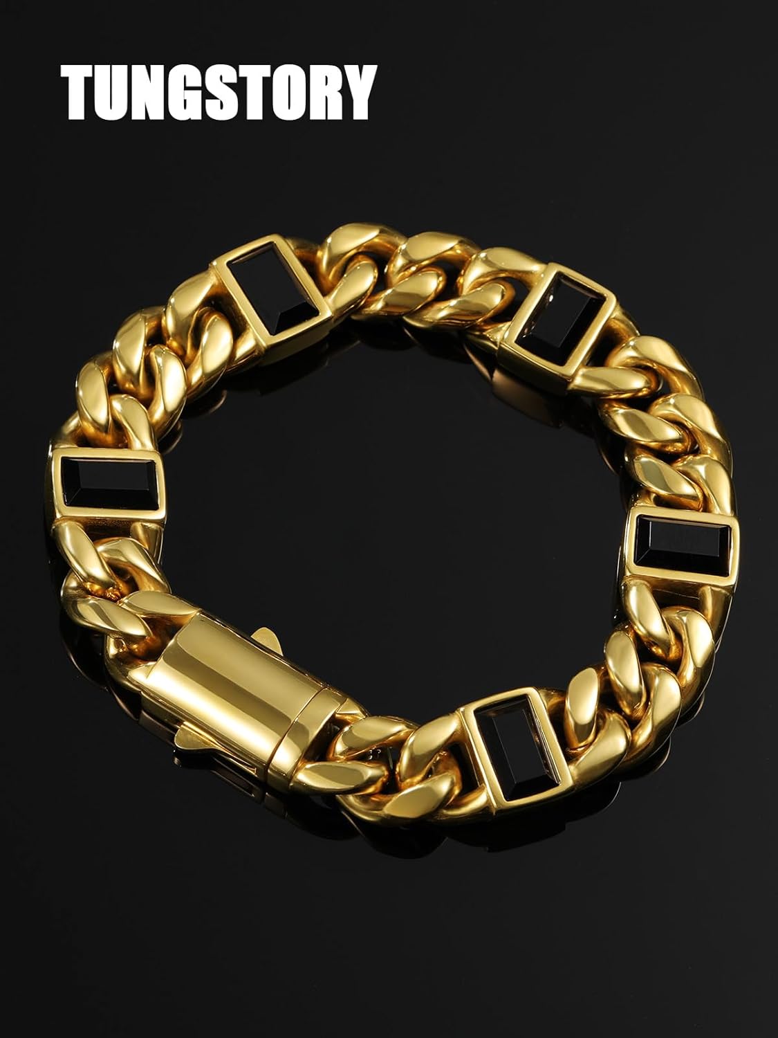 TUNGSTORY 18K Gold Filled Cuban Link Bracelet for Men, 8 Inches 12mm 316L Stainless Steel Black Onyx Mens Bracelets with Box Clasp, Waterproof, Non Tarnish Hip Hop Punk Rock Jewelry Gift for Him - Image 3